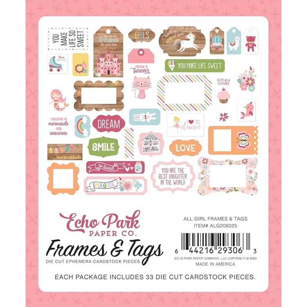 Echo Park Paper Frames & Tags Ephemera Kids OS Pink All Girl Die Cut 33pc